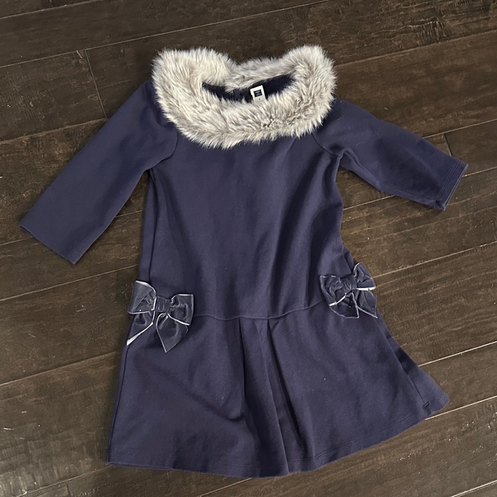 Janie and Jack Elegant Navy Dress with Faux Fur Trim